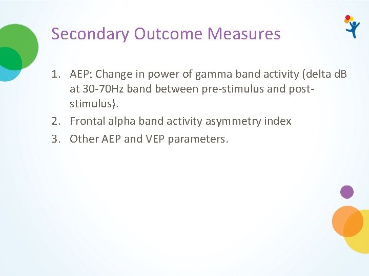 Secondary Outcome Measures 1. AEP: Change in power of gamma band activity (delta d.