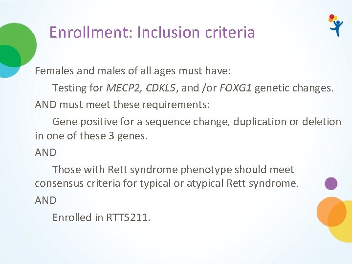 Enrollment: Inclusion criteria Females and males of all ages must have: Testing for MECP