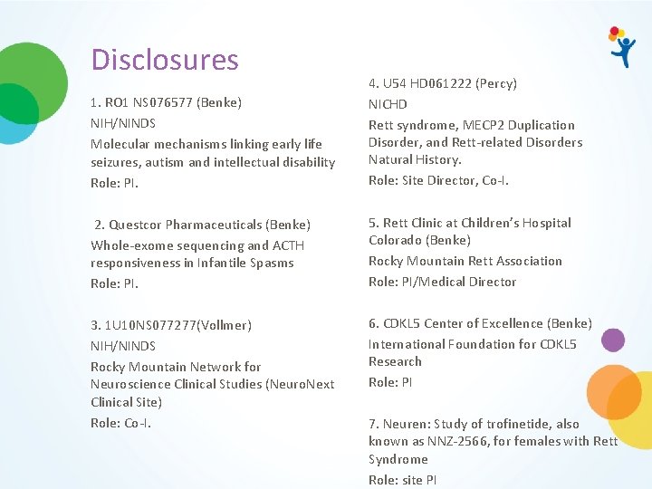 Disclosures 1. RO 1 NS 076577 (Benke) NIH/NINDS Molecular mechanisms linking early life seizures,