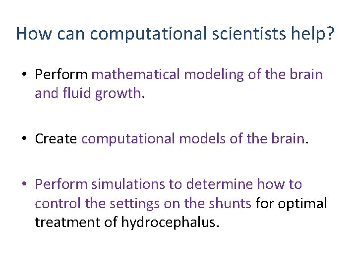 How can computational scientists help? • Perform mathematical modeling of the brain and fluid