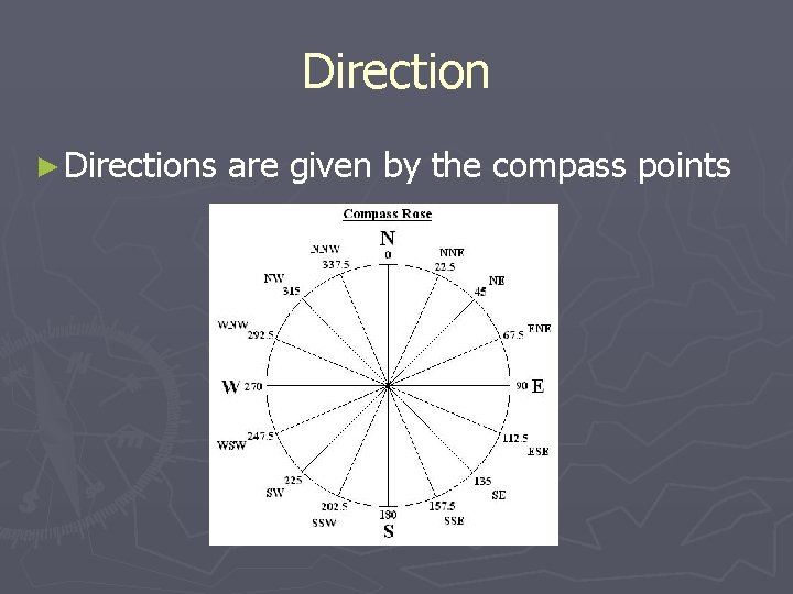 Direction ► Directions are given by the compass points 
