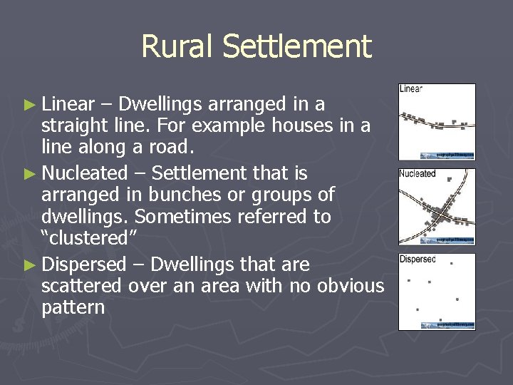 Rural Settlement ► Linear – Dwellings arranged in a straight line. For example houses