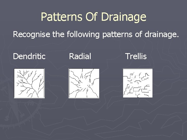 Patterns Of Drainage Recognise the following patterns of drainage. Dendritic Radial Trellis 