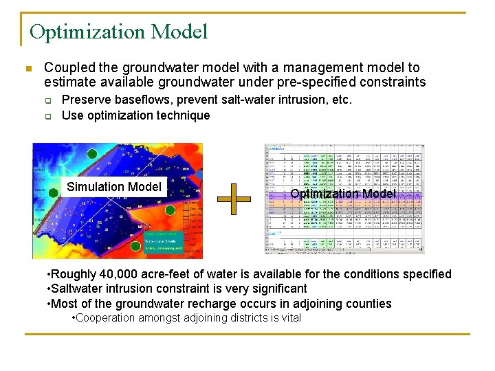 Optimization Model n Coupled the groundwater model with a management model to estimate available