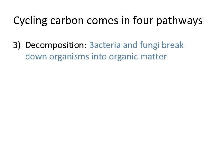 Cycling carbon comes in four pathways 3) Decomposition: Bacteria and fungi break down organisms