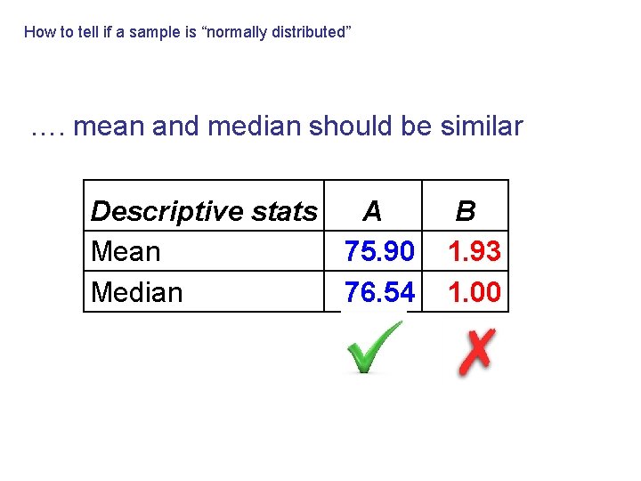 How to tell if a sample is “normally distributed” …. mean and median should
