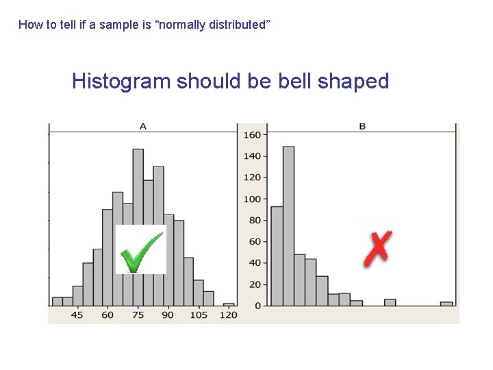 How to tell if a sample is “normally distributed” Histogram should be bell shaped