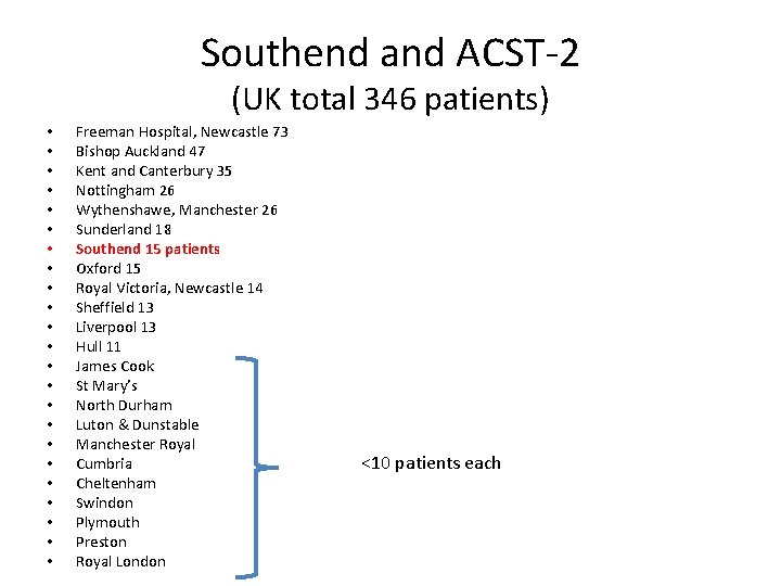Southend and ACST-2 (UK total 346 patients) • • • • • • Freeman
