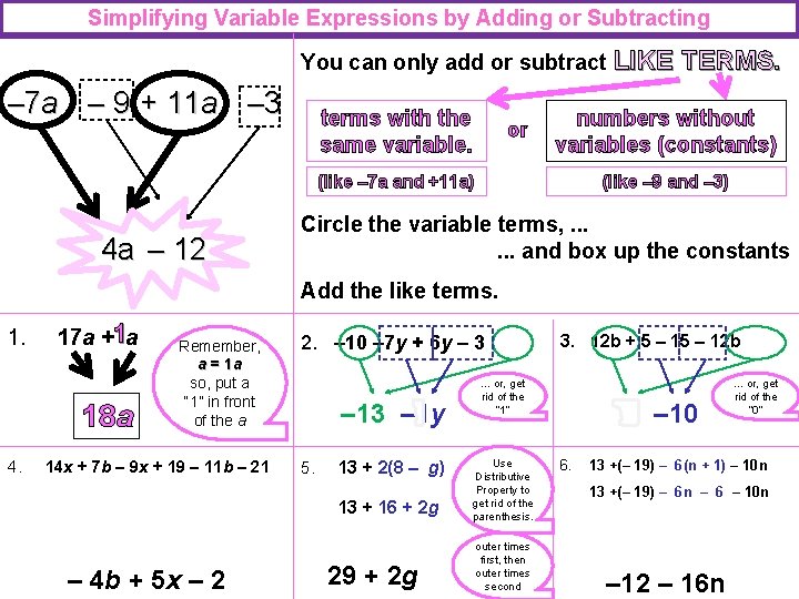 Simplifying Variable Expressions by Adding or Subtracting You can only add or subtract LIKE
