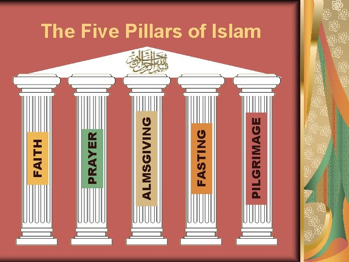 PILGRIMAGE FASTING ALMSGIVING PRAYER FAITH The Five Pillars of Islam 
