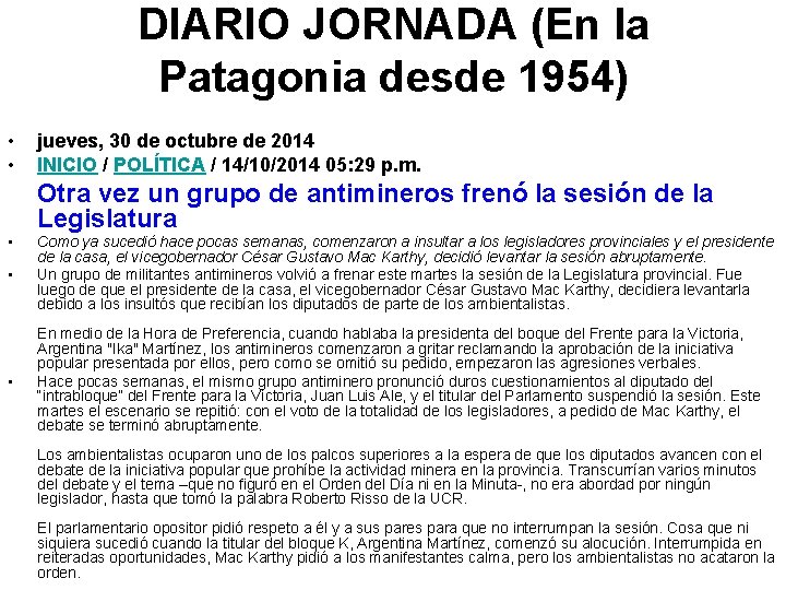 DIARIO JORNADA (En la Patagonia desde 1954) • • jueves, 30 de octubre de