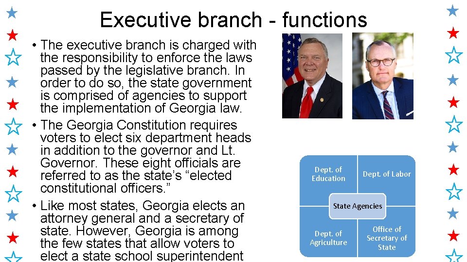 Executive branch - functions • The executive branch is charged with the responsibility to