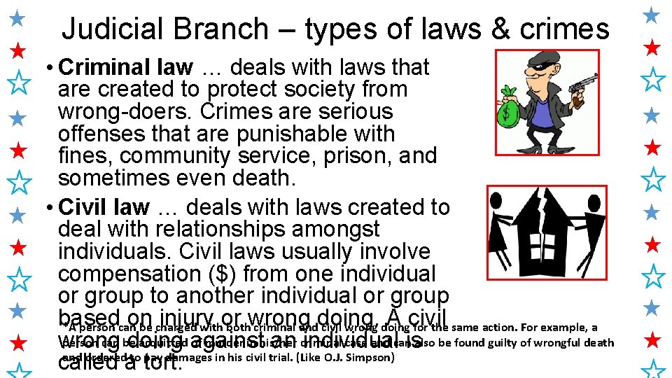 Judicial Branch – types of laws & crimes • Criminal law … deals with