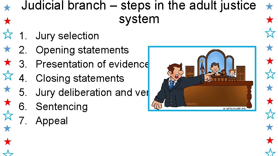 Judicial branch – steps in the adult justice system 1. 2. 3. 4. 5.