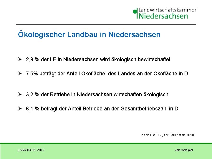 Ökologischer Landbau in Niedersachsen Ø 2, 9 % der LF in Niedersachsen wird ökologisch