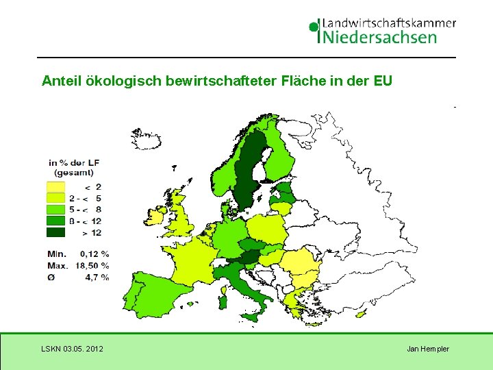 Anteil ökologisch bewirtschafteter Fläche in der EU LSKN 03. 05. 2012 Jan Hempler 