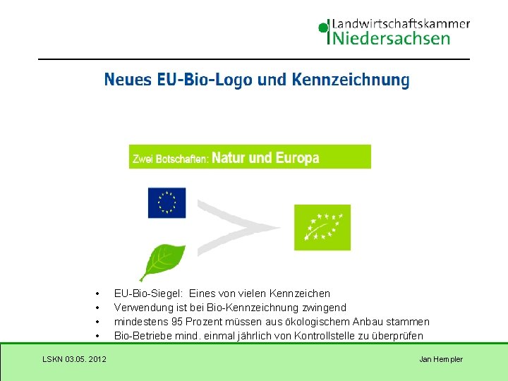  • • LSKN 03. 05. 2012 EU-Bio-Siegel: Eines von vielen Kennzeichen Verwendung ist