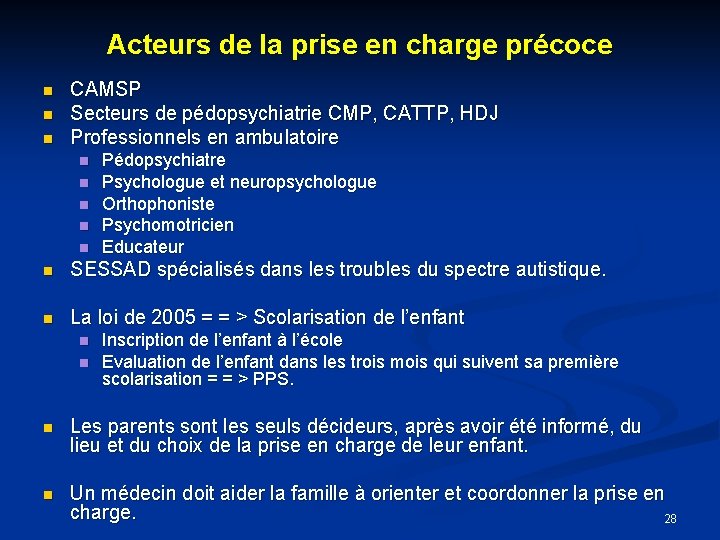 Acteurs de la prise en charge précoce CAMSP Secteurs de pédopsychiatrie CMP, CATTP, HDJ