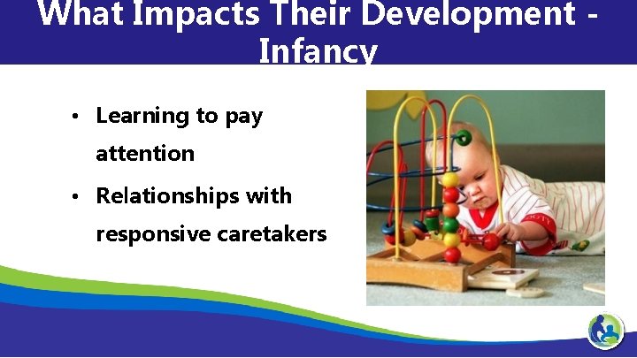 What Impacts Their Development Infancy • Learning to pay attention • Relationships with responsive