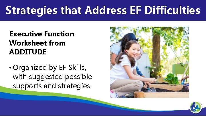 Strategies that Address EF Difficulties Executive Function Worksheet from ADDITUDE • Organized by EF