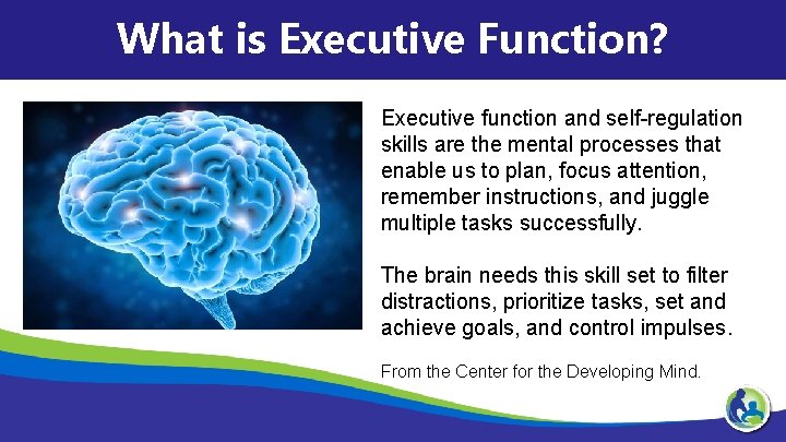 What is Executive Function? Executive function and self-regulation skills are the mental processes that