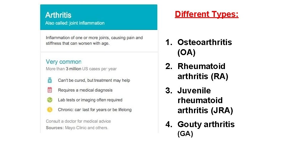 Different Types: 1. Osteoarthritis (OA) 2. Rheumatoid arthritis (RA) 3. Juvenile rheumatoid arthritis (JRA)