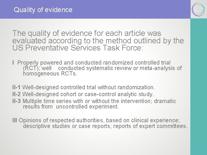 Quality of evidence The quality of evidence for each article was evaluated according to
