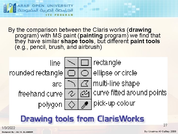 By the comparison between the Claris works (drawing program) with MS paint (painting program)