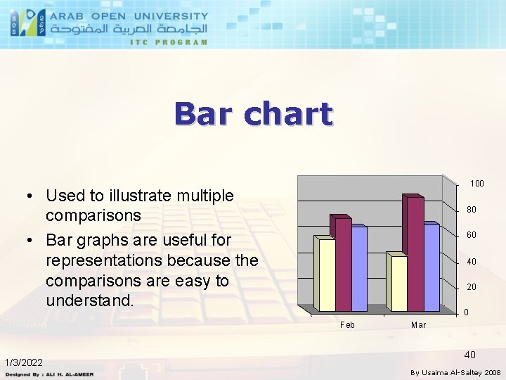 Bar chart 100 • Used to illustrate multiple comparisons • Bar graphs are useful