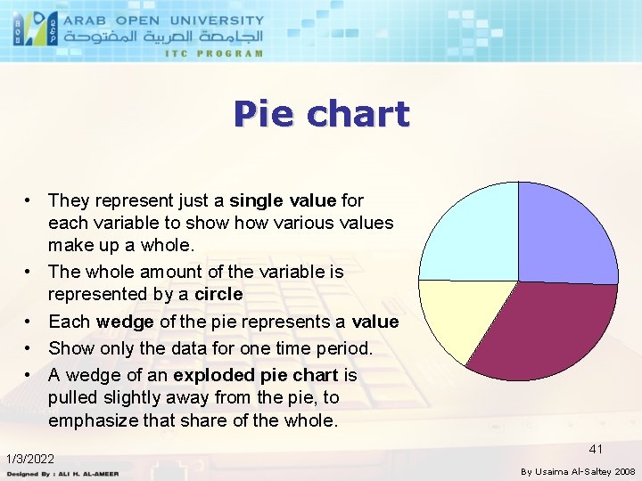 Pie chart • They represent just a single value for each variable to show