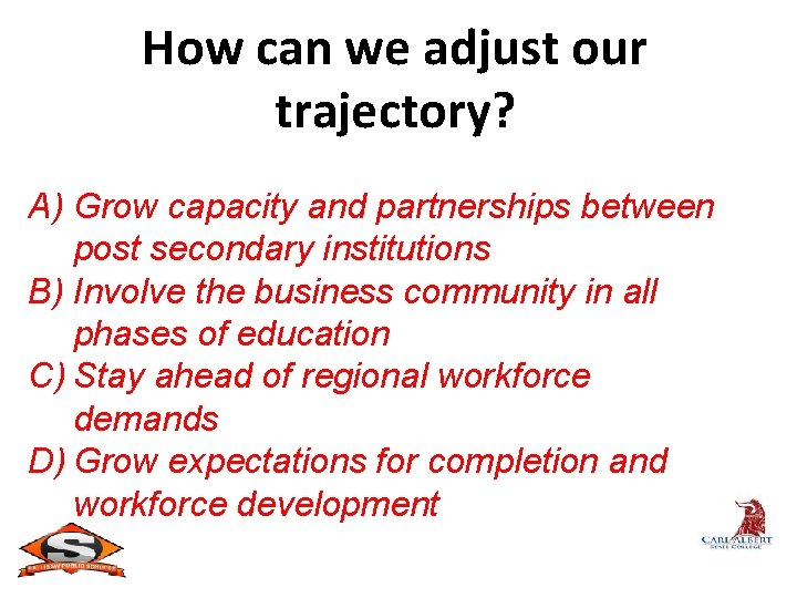 How can we adjust our trajectory? A) Grow capacity and partnerships between post secondary