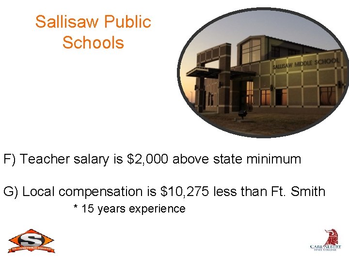 Sallisaw Public Schools F) Teacher salary is $2, 000 above state minimum G) Local