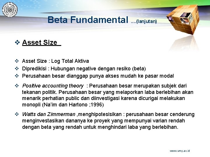 Beta Fundamental. . (lanjutan) v Asset Size : Log Total Aktiva v Dipredikisi :