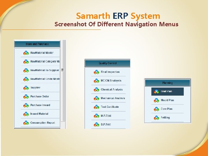 Samarth ERP System Screenshot Of Different Navigation Menus 