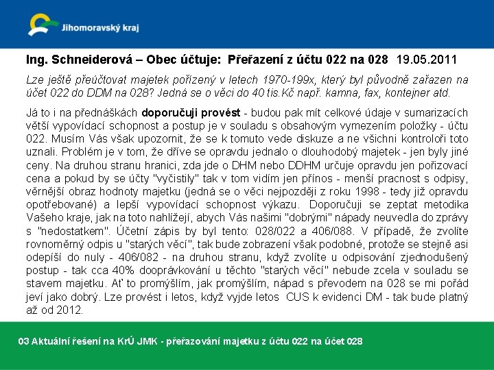 Ing. Schneiderová – Obec účtuje: Přeřazení z účtu 022 na 028 19. 05. 2011