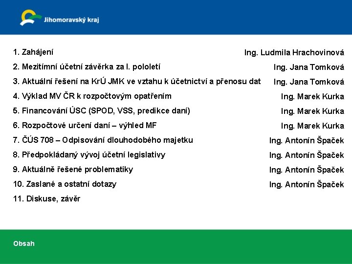 1. Zahájení Ing. Ludmila Hrachovinová 2. Mezitímní účetní závěrka za I. pololetí Ing. Jana