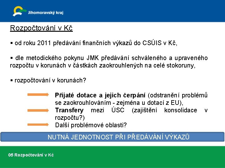 Rozpočtování v Kč § od roku 2011 předávání finančních výkazů do CSÚIS v Kč,