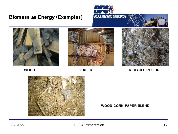 Biomass as Energy (Examples) WOOD PAPER RECYCLE RESIDUE WOOD-CORN-PAPER BLEND 1/2/2022 USDA Presentation 12