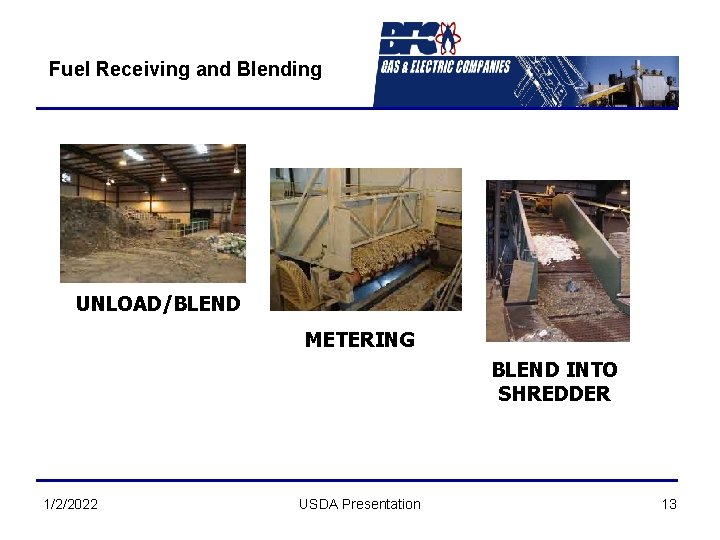 Fuel Receiving and Blending UNLOAD/BLEND METERING BLEND INTO SHREDDER 1/2/2022 USDA Presentation 13 