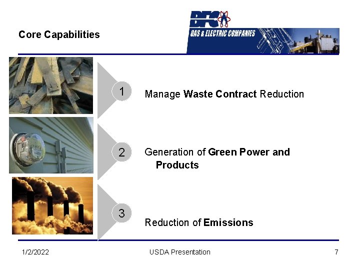 Core Capabilities 1 Manage Waste Contract Reduction 2 Generation of Green Power and Products