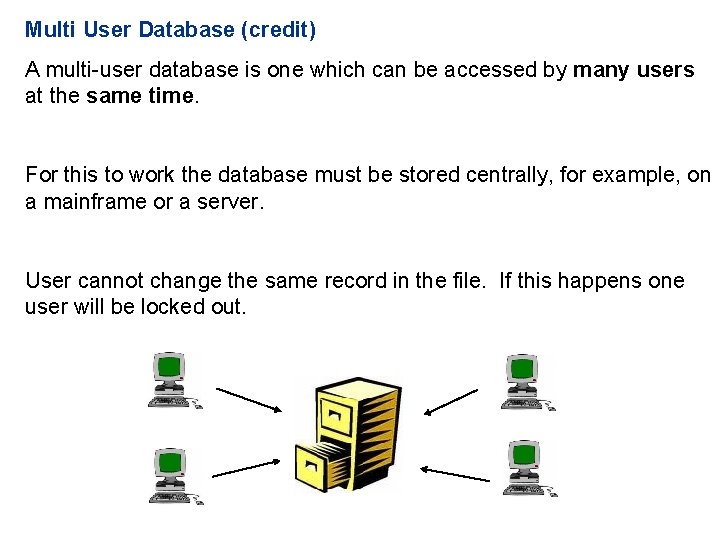 Multi User Database (credit) A multi-user database is one which can be accessed by