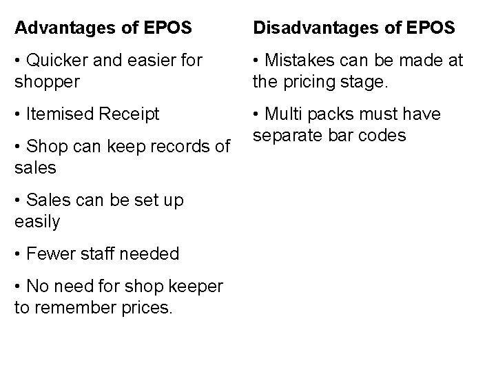 Advantages of EPOS Disadvantages of EPOS • Quicker and easier for shopper • Mistakes