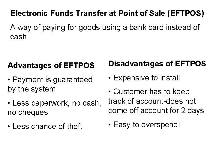 Electronic Funds Transfer at Point of Sale (EFTPOS) A way of paying for goods