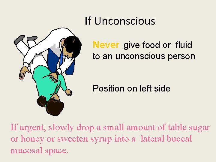 If Unconscious Never give food or fluid to an unconscious person Position on left If Unconscious Never give food or fluid to an unconscious person Position on left