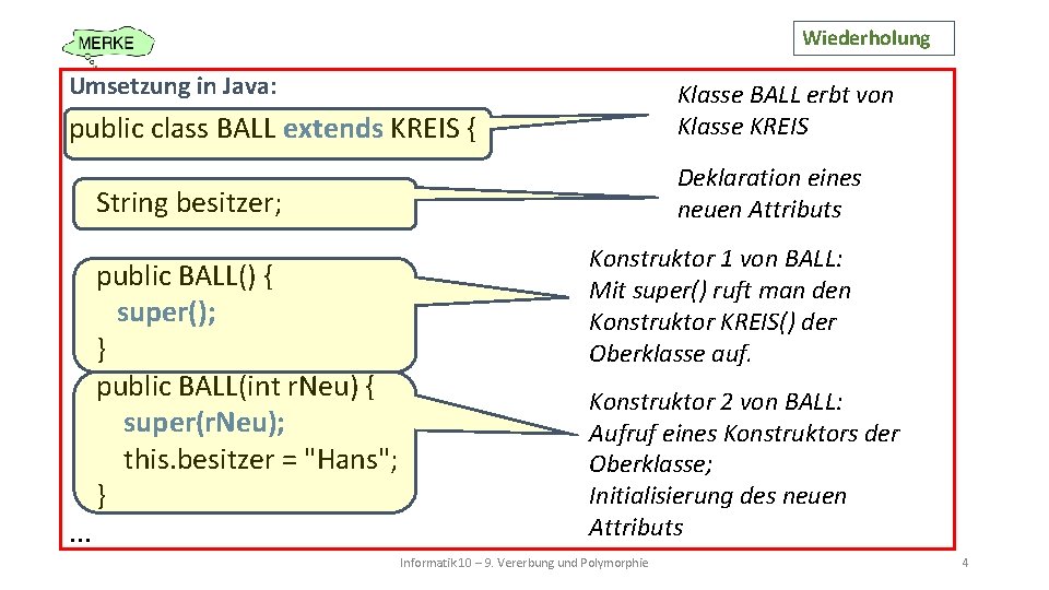 Wiederholung Umsetzung in Java: Klasse BALL erbt von Klasse KREIS public class BALL extends