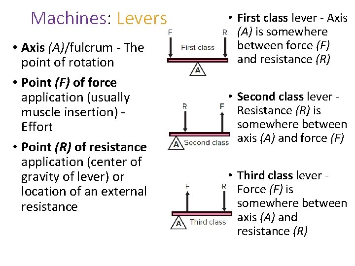 Machines: Levers • Axis (A)/fulcrum - The point of rotation • Point (F) of