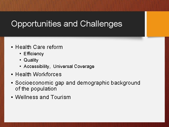 Opportunities and Challenges • Health Care reform • Efficiency • Quality • Accessibility, Universal