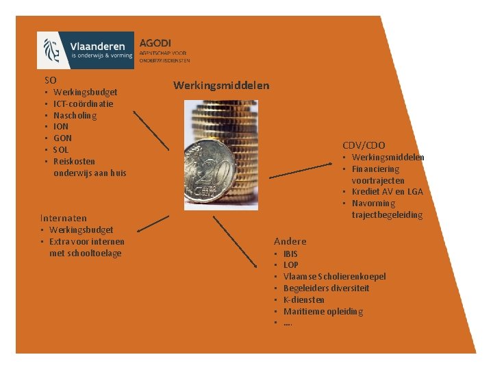 SO • • Werkingsbudget ICT-coördinatie Nascholing ION GON SOL Reiskosten onderwijs aan huis Werkingsmiddelen