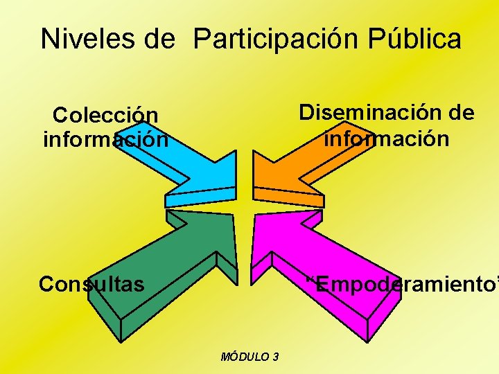 Niveles de Participación Pública Colección información Diseminación de información Consultas “Empoderamiento” MÓDULO 3 