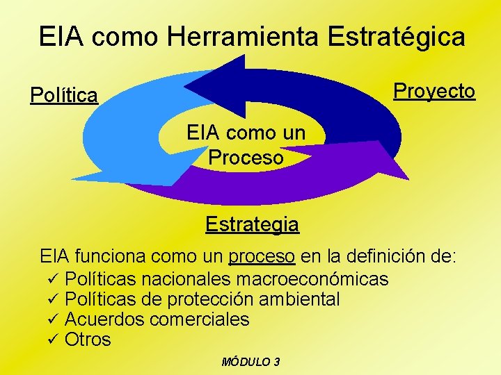 EIA como Herramienta Estratégica Proyecto Política EIA como un Proceso Estrategia EIA funciona como